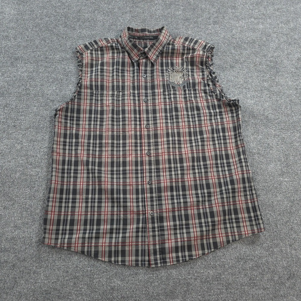 Harley Davidson Shirt Mens 2XL Gray Plaid Sleeveless Biker Cutoff Moto Logo